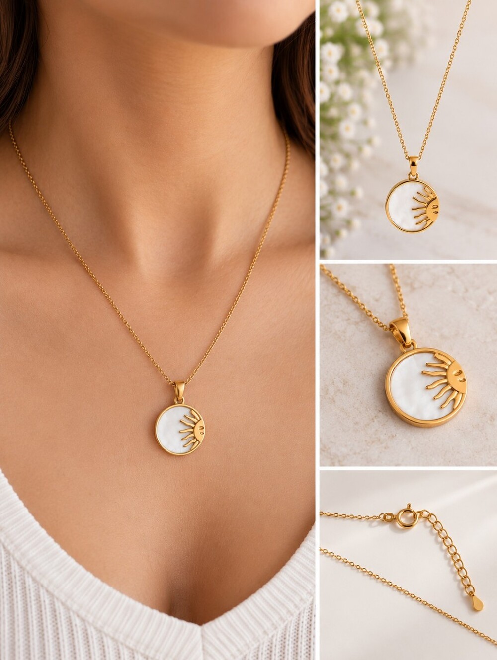 New Dainty Gold Tone Sun Pendant Necklace Pearl Effect Celestial